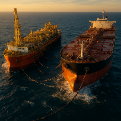 A dramatic aerial view of a VLCC supertanker docked alongside an FPSO (Floating Production Storage and Offloading) vessel in the open ocean. The massive steel mooring lines are taut, connecting the two giants as oil transfer hoses snake between them. The scene is bathed in golden-hour light, emphasizing the scale and industrial precision of the operation. Waves crash against the hulls, and a team of engineers monitors the process from a control room on the FPSO.