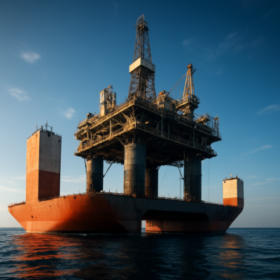 A high-detail, photorealistic image of a massive semi-submersible heavy-lift vessel partially submerged in calm ocean waters, loading an offshore oil rig onto its expansive deck. The ship's buoyancy towers are visible above the waterline, with the rig's legs hovering just above the deck. Dramatic lighting highlights the scale and engineering precision, with a clear blue sky and subtle waves in the background. Ultra-wide angle, cinematic composition, 8K resolution.