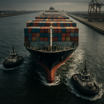 A dramatic aerial view of a massive container ship being guided into a narrow dock by two small but powerful tugboats. The scene captures the contrast in size between the tugboats and the ship, with water churning around the tugs as they exert force. The image should emphasize the precision and teamwork involved, with the port infrastructure visible in the background. Cinematic lighting, ultra-detailed, 8K resolution.