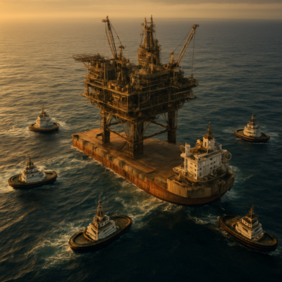 A dramatic aerial view of a semi-submersible heavy transport vessel partially submerged in the open ocean, with a massive oil rig being carefully positioned above its deck by multiple tugboats. The scene is bathed in golden early-morning light, highlighting the scale and tension of the operation. Ultra-detailed, cinematic composition, 8K resolution, photorealistic.