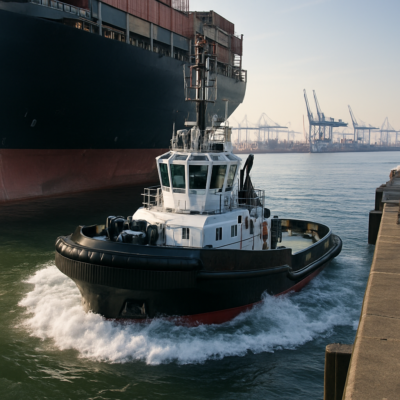 A high-detail, photorealistic image of a modern Z-drive tugboat in action, positioned between a massive cargo ship and a dock. The tug is angled to demonstrate its 360-degree thrust capability, with visible water turbulence around its azimuth thrusters. The scene captures the tension of a docking maneuver, with the tug acting as a dynamic brake. The background shows a bustling port with cranes and other vessels, under a clear sky with soft lighting to emphasize the precision and power of the operation.