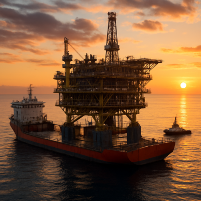 A massive semi-submersible heavy lift vessel transporting a fully assembled offshore oil platform across a calm ocean at sunset. The vessel’s deck is partially submerged, with the platform securely fastened. Tugboats assist in the background, and the scene conveys precision, scale, and engineering mastery. Ultra-realistic, cinematic lighting, 8K resolution.