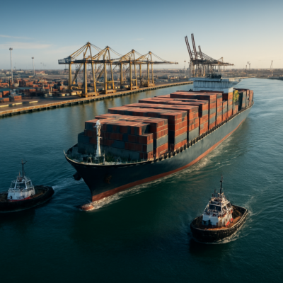 A dramatic aerial view of a massive container ship being guided into a tight port berth by two tugboats, one at the bow and one at the stern. The scene captures the precision of the maneuver, with calm waters, industrial port infrastructure, and a clear blue sky. Realistic, cinematic lighting, ultra-detailed, 8K resolution.