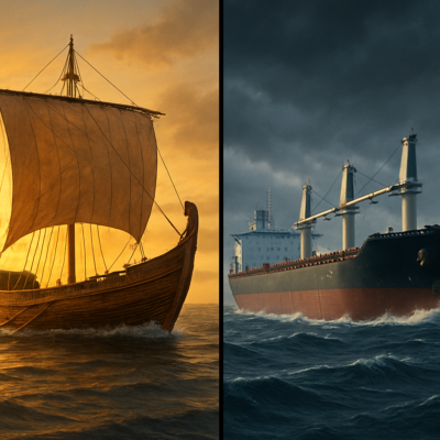 A striking split-screen illustration: On the left, a detailed reconstruction of a Roman corbita ship, wooden and sails unfurled, navigating the Mediterranean under a golden sunset. On the right, a massive modern bulk carrier, sleek steel hull cutting through deep blue ocean waves, cranes and cargo hatches visible, under a stormy sky. The contrast should emphasize scale, materials, and technological advancement, with a focus on realism and atmospheric lighting.