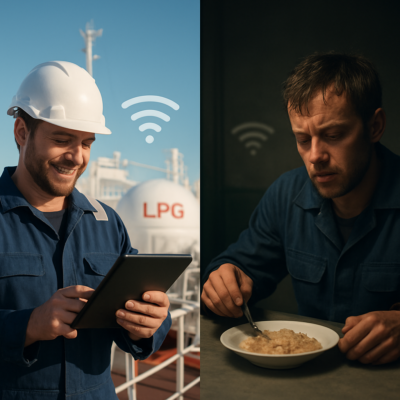 A split-screen image: On the left, a seafarer happily using a tablet with a fast internet connection on a modern LPG ship deck under a clear sky. On the right, a tired crew member eating a bland meal in a dimly lit mess hall, with a weak Wi-Fi signal icon in the background. Realistic, cinematic lighting, 4K resolution.