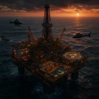 Aerial view of a massive offshore oil platform at sunset, surrounded by choppy ocean waves, with helicopters and supply ships nearby. The platform’s industrial structures contrast with visible crew quarters, gyms, and recreation areas. Moody lighting, cinematic composition, ultra-detailed, 8K resolution.
