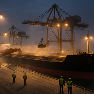 A panoramic view of a modern bulk cargo terminal at dusk, showing a massive bulk carrier docked with conveyor belts transferring grain into its holds. Workers in safety gear monitor the process, while cranes with clamshell buckets stand ready for unloading. The scene is industrial yet organized, with floodlights illuminating the operation and a slight mist from water cannons used for dust suppression. Realistic, cinematic lighting, ultra-detailed, 8K resolution.