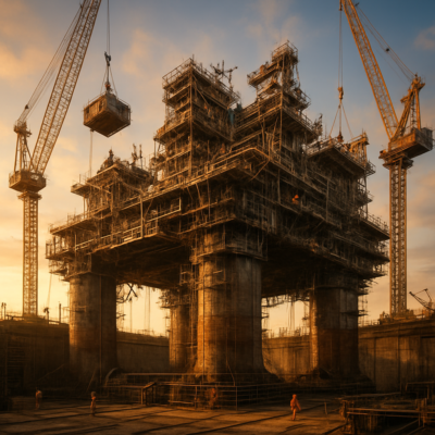 A massive semi-submersible oil platform under construction in a dry dock, with towering steel columns and intricate scaffolding. Workers in safety gear scale the structure, while cranes lift heavy modules. The scene is bathed in golden-hour light, emphasizing the scale and industrial might. Hyper-detailed, cinematic, ultra-realistic, 8K.