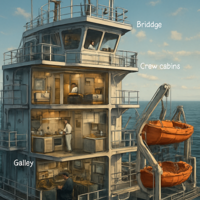 A detailed cutaway illustration of a bulk carrier’s superstructure, showing multiple decks with labeled sections: the bridge, crew cabins, galley, engine control room, and lifeboats. Realistic lighting, maritime equipment, and a few crew members at work. Cinematic, high-resolution, 4K.