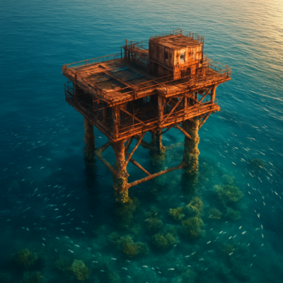 Aerial view of a decommissioned oil platform being partially submerged in clear blue ocean waters, surrounded by schools of fish and coral growth on its steel legs. The scene contrasts industrial infrastructure with vibrant marine life, under soft golden sunlight filtering through the waves. Photorealistic, cinematic lighting, ultra-detailed, 8K resolution.