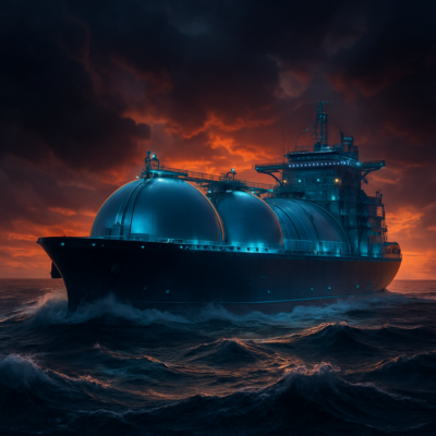 A futuristic LNG tanker cutting through stormy ocean waves at sunset, showcasing its sleek design and advanced cryogenic tanks. The ship’s spherical and membrane containment systems are subtly visible, with glowing blue lights highlighting the high-tech engineering. Dramatic lighting emphasizes the vessel’s scale and innovation, with a backdrop of dark clouds and a vibrant sky.