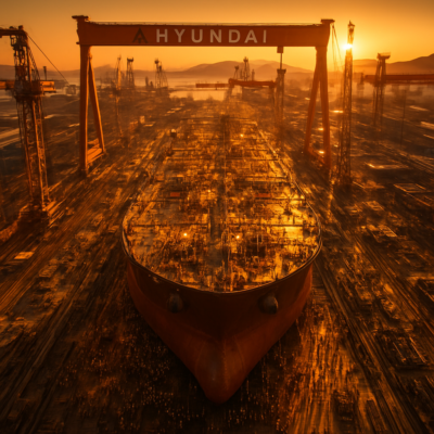 A dramatic aerial view of a massive South Korean shipyard at dawn, with towering cranes, glowing steel sections, and thousands of workers in safety gear assembling a colossal LNG tanker. The scene is bathed in golden light, emphasizing scale, precision, and industrial might. Ultra-detailed, cinematic, 8K resolution.