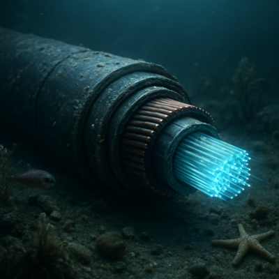 A detailed, photorealistic cross-section of a deep-sea fiber-optic cable resting on the ocean floor, surrounded by marine life. The cable should be cut open to reveal its inner layers—glass fibers, copper wiring, and steel armor—with a faint blue glow representing data transmission. The scene is dimly lit, with sunlight filtering through water, creating a mysterious and industrial atmosphere.