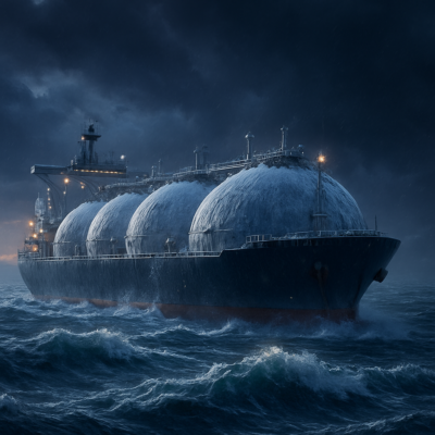 A dramatic, high-detail illustration of an LNG carrier at sea during twilight, with visible frost forming on its spherical tanks. The ship is surrounded by icy waves, and a faint glow from its engines illuminates the scene. In the background, a storm brews, emphasizing the harsh conditions. The image should convey both the fragility and the strength of the vessel, with a focus on engineering precision and the raw power of nature.