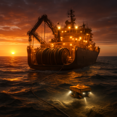 A massive cable-laying ship at sunset, its deck illuminated by industrial lights, with thick undersea cables coiled in its hold. The ocean stretches endlessly in the background, waves crashing against the hull. A small ROV (remotely operated vehicle) hovers near the seabed in the foreground, digging a trench. Dramatic lighting, cinematic composition, ultra-detailed, photorealistic.