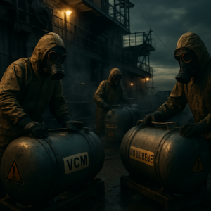 A grimy, industrial cargo ship deck at dusk, with crew members in full protective gear—gas masks, gloves, and suits—handling pressurized chemical tanks. The scene is tense, with warning labels visible on the tanks (VCM, butadiene, ammonia). Dark, moody lighting emphasizes the hazardous environment, with faint fumes or vapor trails subtly visible in the air.