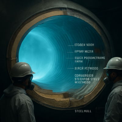 A detailed cross-section of an LNG carrier's storage tank, showing the multi-layered insulation system: steel hull, epoxy resin, thick polyurethane foam, birch plywood, and corrugated stainless steel membrane. The tank should glow with an eerie blue light from the -163°C liquefied natural gas inside, with engineers in protective gear inspecting the structure. Ultra-realistic, cinematic lighting, 8K resolution.
