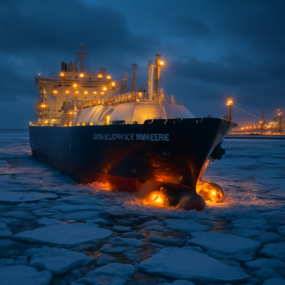A massive icebreaking LNG carrier, the 'Christophe de Margerie,' navigating through thick Arctic ice at dusk. The ship’s reinforced hull glows under the polar twilight, with three Azipod propulsion units churning ice into slush. In the background, a port facility with laser-guided docking systems is visible, bathed in the eerie glow of industrial lights. The scene captures the raw power of Arctic shipping and the precision of modern logistics, with a dramatic, cinematic atmosphere.