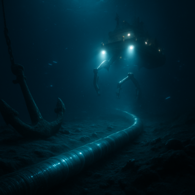 A dramatic underwater scene showing a deep-sea internet cable partially buried in the ocean floor, with a massive cargo ship’s anchor dragging nearby. The cable glows faintly with data pulses, while a repair vessel hovers above, deploying robotic arms to inspect damage. The abyss is dark, with bioluminescent creatures swimming in the background, emphasizing the depth and isolation. Cinematic lighting, ultra-realistic, 8K resolution.
