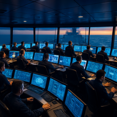 A panoramic view of the bridge of a massive LNG tanker at dusk, with a crew of 20 working at high-tech control stations. The scene is bathed in the glow of digital screens displaying navigation charts, engine diagnostics, and cargo monitoring systems. The vast ocean stretches beyond the windows, while the ship’s towering superstructure looms in the background. The image should convey a sense of advanced technology, teamwork, and the sheer scale of modern maritime operations, with a focus on the human element amidst automation.