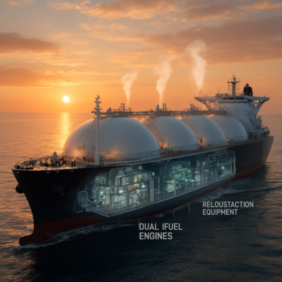 A sleek, modern LNG carrier at sea during sunset, with visible vapor rising from its tanks. The ship’s deck showcases dual-fuel engines and reliquefaction equipment in a detailed, semi-transparent cutaway view. The scene blends industrial precision with a warm, golden-hour glow, emphasizing innovation and sustainability in maritime energy.