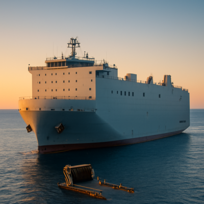 A high-resolution, photorealistic image of a modern PCTC ship at sea during golden hour, showcasing its box-like structure, multiple decks, and stern ramp lowered for loading. The vessel is surrounded by calm blue waters with a distant horizon, emphasizing its massive scale and industrial design. Include subtle details like cargo securing equipment and crew members for scale.