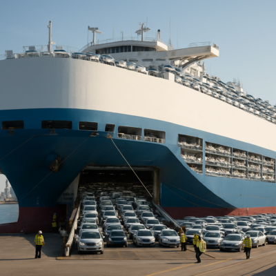 A massive roll-on/roll-off (RoRo) cargo ship at dock, loaded with thousands of cars stacked in neat rows across multiple decks. The vessel is partially loaded, with vehicles being driven onto the lower decks by workers in high-visibility vests. The scene is industrial, with cranes and ramps in the background, under a clear sky. Ultra-detailed, cinematic lighting, 8K resolution.