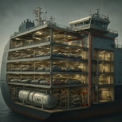 A detailed cutaway illustration of a modern car carrier ship, showing multiple vehicle decks with ventilation systems, the engine room with LNG tanks, the wheelhouse with navigation equipment, crew quarters, and CO₂ fire suppression pipes. Realistic lighting, industrial textures, and a focus on safety infrastructure. Cinematic, technical style.