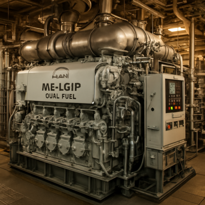 A high-resolution, photorealistic image of a modern dual-fuel marine engine (MAN B&W ME-LGIP) installed in a ship’s engine room. The engine should be detailed, with visible fuel injection systems, control panels, and piping. The scene should convey cutting-edge maritime technology, with a focus on precision engineering and industrial strength. Warm lighting with a professional, technical atmosphere.
