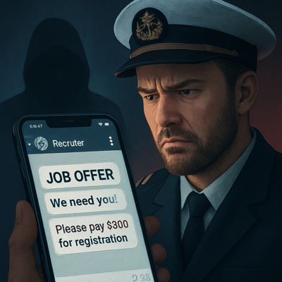 A realistic digital illustration showing a seafarer in uniform looking at a smartphone with a suspicious message from a fake recruiter. The screen displays a Telegram or WhatsApp chat with a fraudulent job offer, fake company logo, and a demand for payment. The background includes a dark, shadowy figure representing the scammer, while the seafarer appears cautious and skeptical. Use a modern, cinematic style with muted blues and warning red accents.