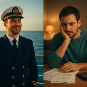 A split-image concept: On one side, a seafarer in uniform standing on a ship deck with a calm sea in the background, looking content. On the other side, the same seafarer at home, sitting at a table with bills and a calculator, looking thoughtful. The image should convey the duality of permanent contracts—work stability vs. financial trade-offs at home. Use a realistic, slightly cinematic style with warm and cool tones contrasting the two scenes.