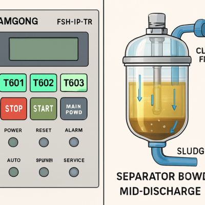 A split-screen illustration: left side shows a Samgong FSH-1P-TR control panel with timers T601, T602, T603 highlighted in green; right side depicts a transparent separator bowl mid-discharge, clean fuel flowing into the service tank and sludge directed to the waste tank, all with precise water streams labelled.