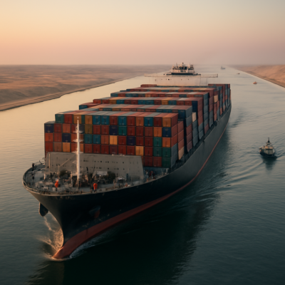 A detailed, photorealistic image of a large container ship navigating the Suez Canal at dawn. The vessel is mid-transit, surrounded by the vast, arid desert landscape on both sides. The ship’s deck is visible, with crew members in safety gear monitoring equipment. The water is calm, reflecting the soft morning light. In the distance, a few smaller vessels and a canal authority boat accompany the ship. The scene captures the scale of the canal, the isolation of the desert, and the precision of maritime engineering.