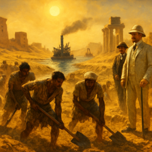 A dramatic, cinematic illustration of the Suez Canal's construction in the 19th century. The scene should show exhausted Egyptian laborers digging with shovels under the scorching desert sun, while European engineers in colonial attire oversee the work. In the background, a mix of ancient Egyptian ruins and early industrial machinery like steam dredgers. The color palette should be warm, with golden sands, deep blues of the emerging waterway, and the stark contrast of workers' tattered clothing. The composition should evoke both the grandeur of the project and the human cost, with a sense of scale that emphasizes the vastness of the desert and the monumental task at hand.
