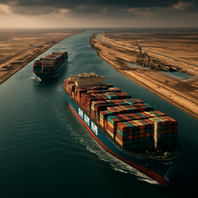 Aerial view of the New Suez Canal, showcasing the parallel waterways with massive container ships like HMM Algeciras navigating side by side. The image should highlight the scale of the expansion, with dredging equipment visible in the background and the Egyptian desert landscape framing the scene. Use a cinematic, high-contrast style to emphasize the engineering achievement and the industrial might of modern shipping.