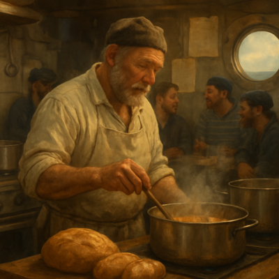 A weathered ship’s cook in a bustling galley, preparing a hearty meal for a diverse crew. The scene is warm and lively, with steam rising from pots, fresh bread on the counter, and sailors chatting in the background. The image captures the essence of camaraderie and comfort at sea, with a mix of modern and traditional elements—stainless steel appliances, handwritten recipes pinned to the wall, and a view of the ocean through a porthole. The lighting is soft and inviting, emphasizing the cook’s focus and the crew’s anticipation.