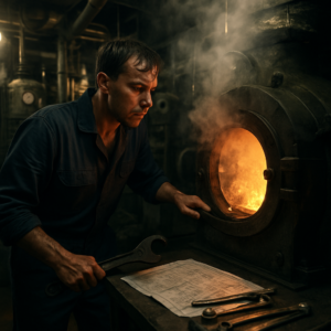 A tense scene in a ship's engine room: a sweating marine engineer in overalls examines a malfunctioning incinerator, surrounded by tools, blueprints, and smoke. The background shows a boiler, pipes, and a digital temperature display reading 40°C. The atmosphere is urgent, with dim lighting and steam rising from equipment. Realistic, cinematic, high detail, 4K.
