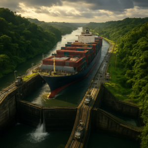 A dramatic aerial view of a massive cargo ship navigating the Miraflores Locks in the Panama Canal, surrounded by lush tropical rainforest. The ship is being guided by electric 'mule' locomotives, with water cascading through the lock gates. The scene captures the scale of the engineering feat, the vibrant greenery of Panama, and the industrial might of global trade. Cinematic lighting, ultra-detailed, 8K resolution.