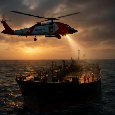 A dramatic, cinematic shot of a US Coast Guard helicopter hovering above a large oil tanker at dawn. The helicopter’s spotlight illuminates the vessel’s deck, where crew members in high-visibility gear stand at attention. The tanker’s hull gleams under the harsh light, with the USCG logo clearly visible on the helicopter’s side. The ocean is choppy, reflecting the early morning sun, and the scene conveys tension, precision, and the high stakes of maritime inspection. Realistic, high-detail, 4K resolution.