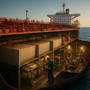 A detailed, photorealistic cross-section of a modern oil tanker at sea, showing the cargo tanks, engine room, pump room, and deck pipelines. The image should highlight the double-hull structure, the maze of pipes on deck, and the crew working in different sections. The lighting should be warm and industrial, with a focus on the mechanical and human elements. Include a chief engineer in overalls inspecting machinery in the engine room, with a backdrop of the open ocean and a clear blue sky.