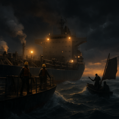 A dramatic, cinematic scene of a large oil tanker sailing through stormy seas at dusk, with a small, fast pirate skiff approaching from the stern. The tanker’s deck is rigged with improvised defenses: steam pipes hissing, water cannons ready, and crew members in hard hats and life jackets standing alert near makeshift barricades. The atmosphere is tense, with dark clouds looming and the glow of the ship’s lights reflecting on the choppy water. Realistic, high-detail, photorealistic style with a sense of urgency and danger.