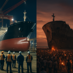 A dramatic split-screen image: On the left, a pristine, newly launched container ship in a South Korean shipyard, workers in safety gear, cranes towering, the hull gleaming under bright lights. On the right, the same ship beached in Chittagong, surrounded by hundreds of workers in tattered clothes, cutting torches glowing in the dusk, the hull rusted and broken. The contrast should evoke awe and sorrow, with a focus on human scale and industrial grandeur.