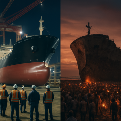 A dramatic split-screen image: On the left, a pristine, newly launched container ship in a South Korean shipyard, workers in safety gear, cranes towering, the hull gleaming under bright lights. On the right, the same ship beached in Chittagong, surrounded by hundreds of workers in tattered clothes, cutting torches glowing in the dusk, the hull rusted and broken. The contrast should evoke awe and sorrow, with a focus on human scale and industrial grandeur.