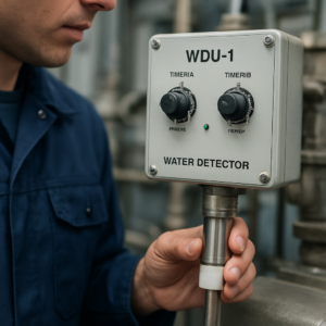 A close-up of a technician in industrial overalls inspecting a WDU-1 water detector mounted on a Samgong separator. The image shows the control unit with visible timer settings (Timer A and Timer B) and a stainless steel sensor with teflon insulation. The background includes a blurred industrial environment with pipes and valves, emphasizing a professional maintenance setting. Realistic lighting, high detail, and a clean, technical aesthetic.