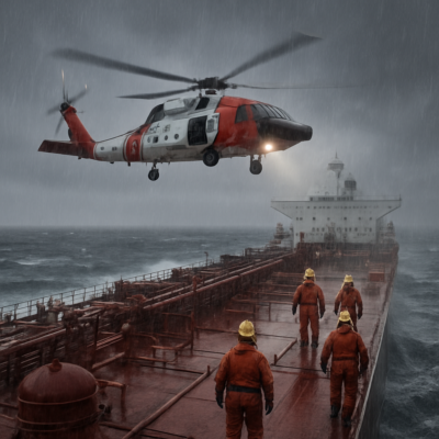 A dramatic scene of a US Coast Guard helicopter hovering above a large oil tanker in rough seas, with rain pouring down. The tanker’s deck is visible, showing crew members in safety gear preparing for inspection. The sky is overcast, with a sense of tension and anticipation in the air. The image should convey the intensity and high stakes of a USCG inspection at sea.