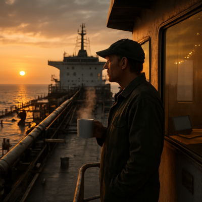 A realistic, cinematic photograph of a modern oil tanker at dusk, viewed from the deck. The warm golden light of the setting sun reflects off the steel hull and calm ocean waves. In the foreground, a chief engineer in a worn uniform stands near a cabin window, holding a steaming mug, gazing at the horizon. The scene conveys solitude, resilience, and quiet determination, with subtle details like a laptop on a desk, a basketball hoop on the deck, and a string of fairy lights in the cabin.