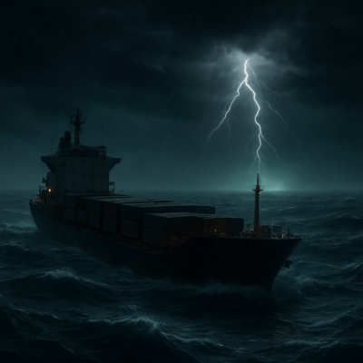 A dramatic, cinematic image of a lone cargo ship navigating stormy seas near the Bermuda Triangle. The sky is dark and ominous, with lightning illuminating the horizon. The ship’s deck is wet, and the crew appears focused but tense. In the distance, a faint, eerie glow suggests an unexplained phenomenon, blending realism with a touch of mystery. The scene evokes both the beauty and danger of the ocean.