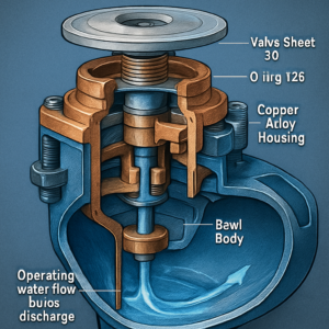 A high-resolution, technical cutaway illustration of a Samgong SJ separator bowl assembly, focusing on the pilot valve mechanism. Show the valve sheet, Viton O-rings, and copper alloy housing in detail, with labeled parts (e.g., 'Valve Sheet 130,' 'O-ring 126'). Include a cross-section view of the bowl body, highlighting the operating water flow paths during discharge. Use a marine engineering aesthetic with blue and metallic tones, realistic textures, and a professional, instructional style.