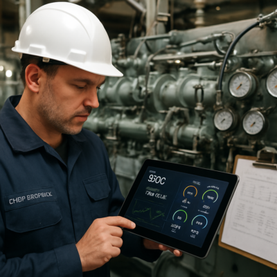 A Chief Engineer in a ship's engine room, wearing a hard hat and overalls, carefully reviewing a digital display showing engine performance metrics, including SFOC. The background features a large marine diesel engine with visible fuel lines, gauges, and a clipboard with handwritten notes. The scene is well-lit, professional, and focuses on precision and technical expertise.
