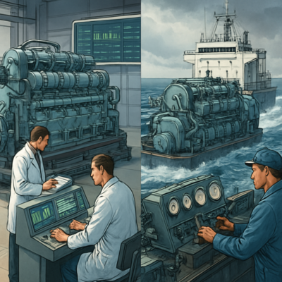 A split-screen illustration: on the left, a pristine marine engine on a factory test bed with engineers in lab coats conducting measurements; on the right, the same engine installed on a ship at sea, with waves crashing against the hull, a chief engineer monitoring gauges, and a visible contrast in environmental conditions. Realistic, detailed, and technical, with a focus on machinery and data visualization.